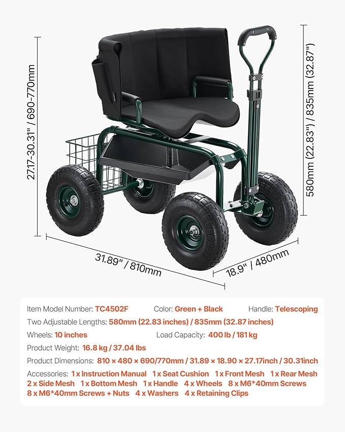 VEVOR Rolling Garden Seat with Wheels, Gardening Stool with Height Adjustable & 360°Swivel Seat, Ergonomic Backrest & Tool Storage, 400lbs Weight Capacity, Garden Scooter Wagon Cart for Yard, Patio