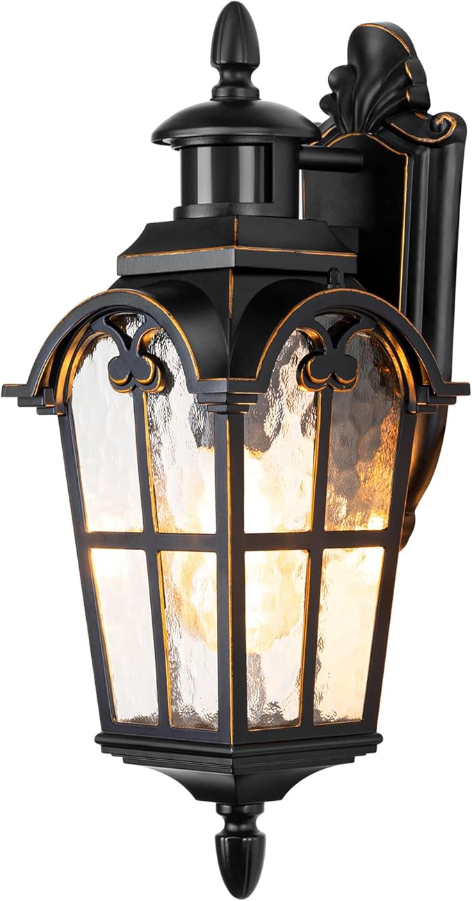 DEWENWILS Motion Sensor Outdoor Wall Lights Dusk to Dawn Exterior Light Fixture Wall Mount, Outdoor Porch Light with Water Ripple Glass, Wall Sconce Lantern for House Garage Patio