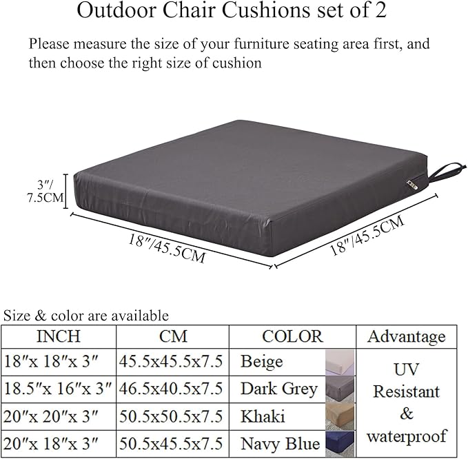 18 x 18 Inch Outdoor Chair Cushions for Patio Furniture, UV Resistant Non Slip Waterproof Replacement Patio Seat Cushion with Ties Set of 2, Khaki