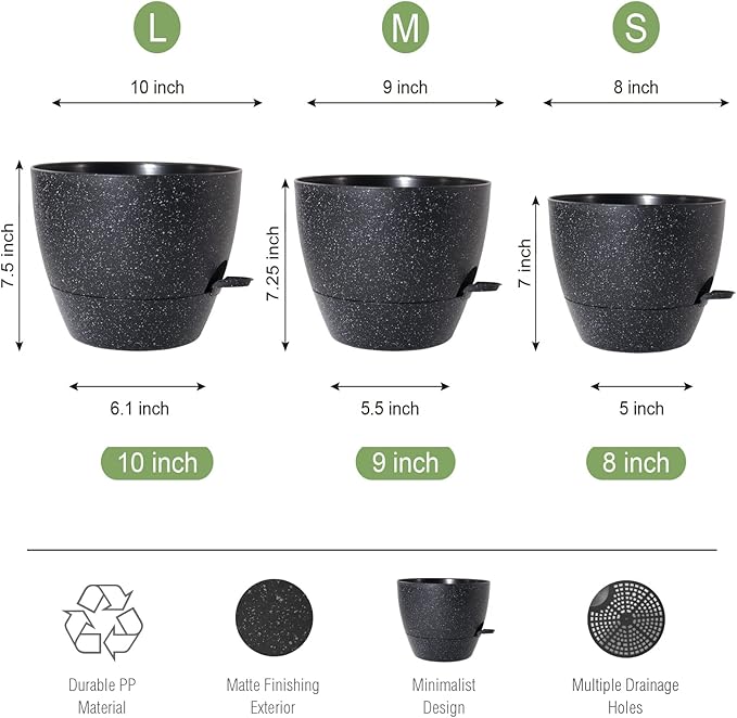 10/9/8 inch Self Watering Pots, Set of 3 Plastic Planters with Mesh Drainage Holes and Deep Reservoir for Indoor Outdoor Garden Plants and Flowers, Black Speckles