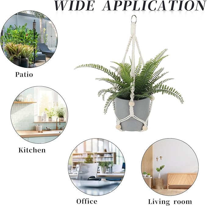 Macrame Plant Hanger Indoor, 2 Pack Boho Decor Hanging Plant Holder Hanging Planters for Indoor Plants Window Plant Hanger Flower Pot Hanging Basket with Wood Beads and Metal Hook Rings Ivory 20 Inch