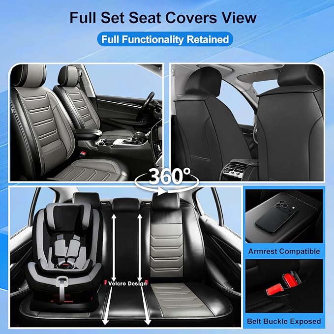 Fit Civic Car Seat Covers for Honda Civic 2020-2026 Sedan(Not for Coupe) - Premium Full Coverage Leather, Waterproof All Weather Breathable Seat Cushion Protector, Full Set, Black+Gray