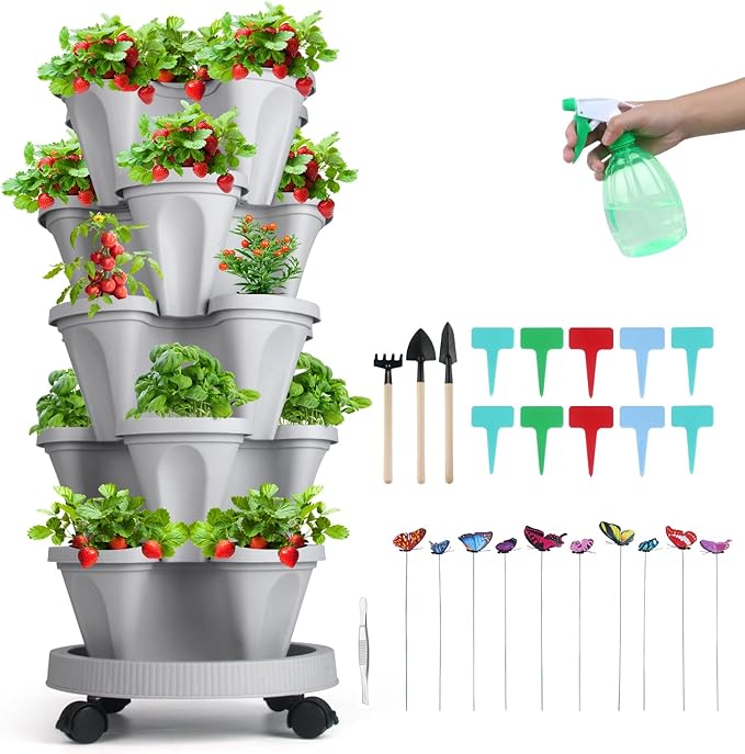Vertical Planter, 5 Tier Stackable Strawberry Planter with Garden Tool Set, Movable Indoor/Outdoor Garden Herb Pot for Growing Vegetables and Succulents, Gray