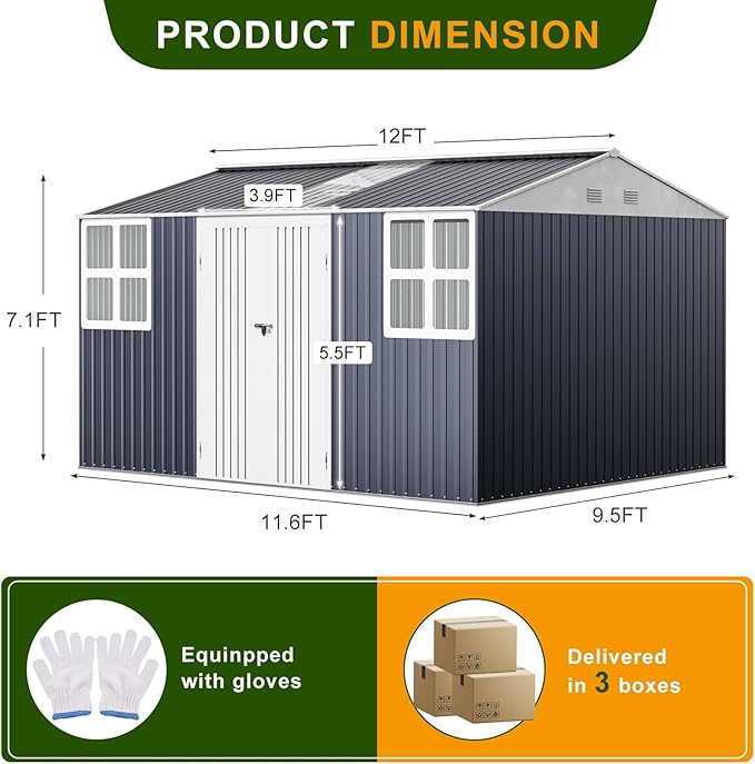 12x10 FT Metal Sheds & Outdoor Storage: Heavy Duty Garden Sheds with Dual Transparent Panels, 2x4-Pane Windows & Hinged Double Doors, Weatherproof Tool Shed for Backyard, Garden, Patio, Grey/White