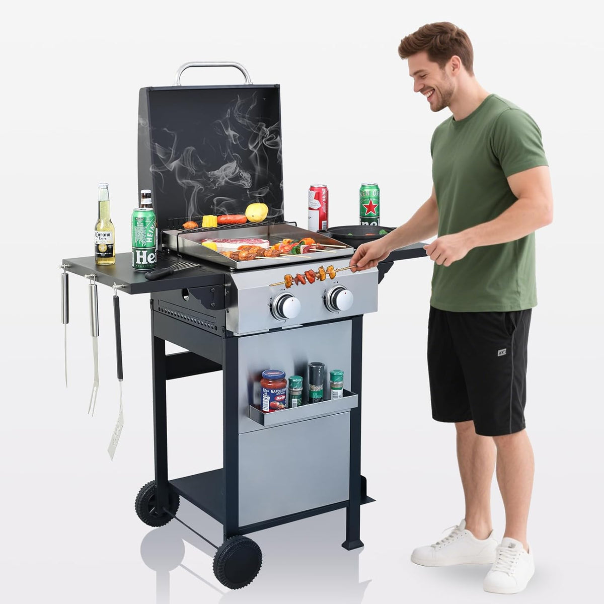 2-Burner Propane Gas BBQ Grill with Porcelain-Enameled Cast Iron Grates, Baking Sheet, 2 Foldable Side Tables, 24,600 BTU Stainless Steel Grill for Outdoor Camping Barbecue Grilling Backyard Cooking