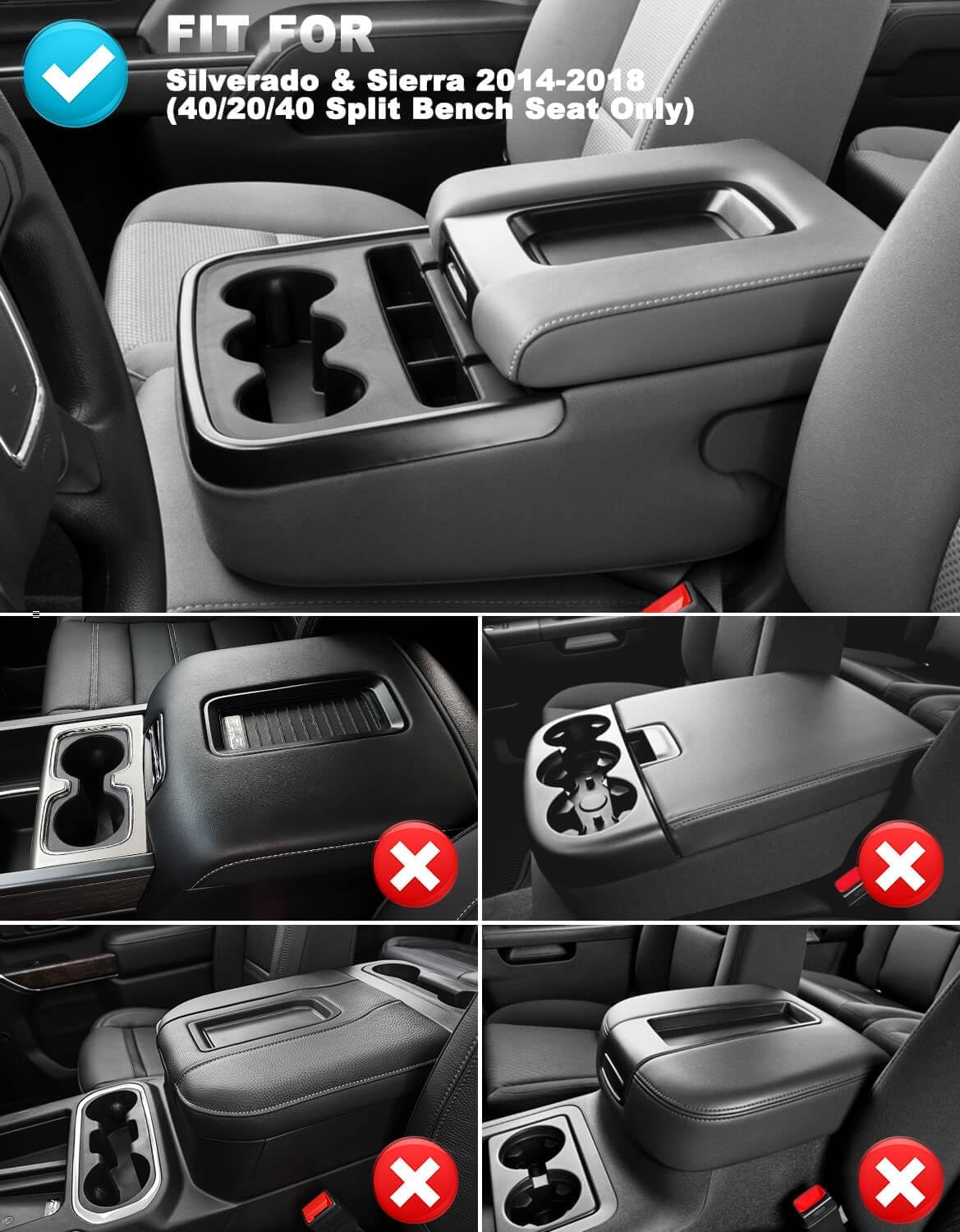 Center Console Cover for 2014-2018 Chevy Silverado & GMC Sierra 1500 2500 3500, Vinyl Leather Interior Accessories, Car Armrest Protector, Jump Seat, Anti-Scratch, Black