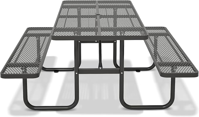72'' Steel Rectangular Picnic Table for Outdoors, Expanded, Lifetime Picnic Table with Umbrella Hole, Heavy Duty Sturdy Commercial Picnic Tables for Garden Courtyard BBQ, Black