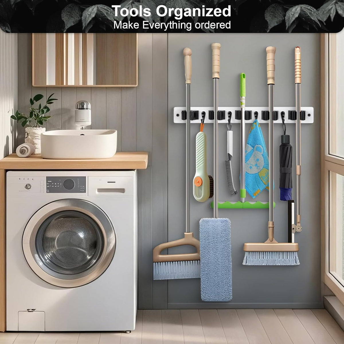 Broom Holder Wall Mount With 5 Slots & 4 Hooks，Rustic Wood Broom & Mop Hanger，Wall Mounted Garden & Garage Tool Storage Organizer Rack for Closet Laundry Room or Kitchen Wall Decor White