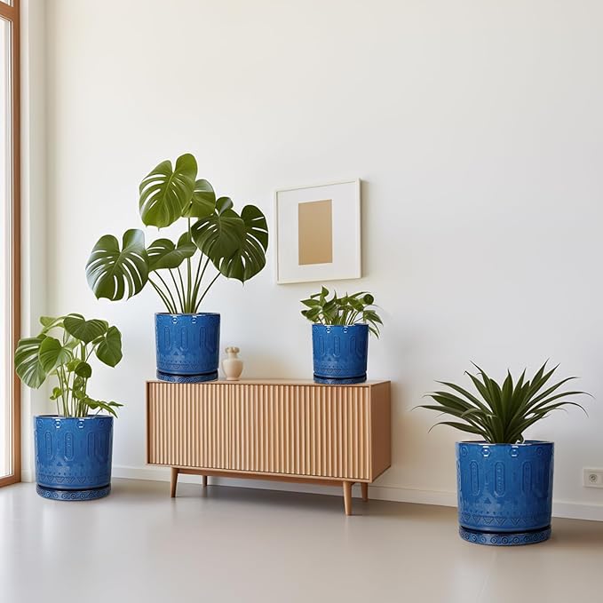 12 Inch Pot for Plants - Ceramic Planter for Indoor Plants Large Plant Pot with Drainage Holes and Saucer Outdoor Flower Pot Decorative Round Planter for Porch Office Decor Blue