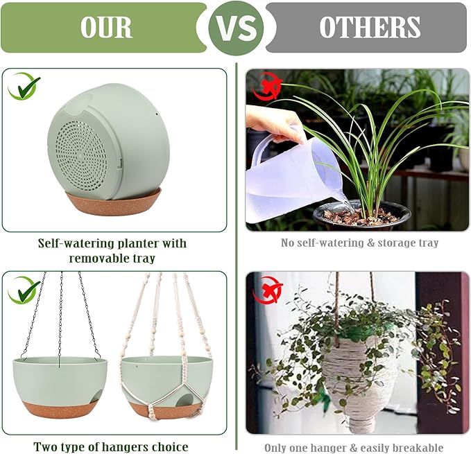 Hanging Planters for Outdoor Indoor Plants, 2 Pack 12 Inch Hanging Basket Plants Outdoor, Self Watering Hanging Planter with Plant Hanger for Garden Home Decoration (2 Type Plant Hangers Green)