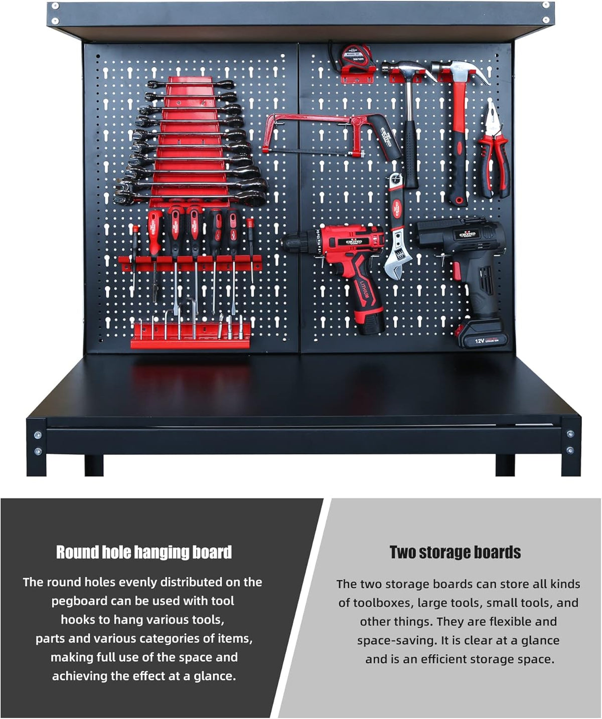 31.5 Inch Workbench with Peg Board, Multipurpose Tool Organizer and Work Bench with Double Storage Platform, Workbench in Garage Workshop