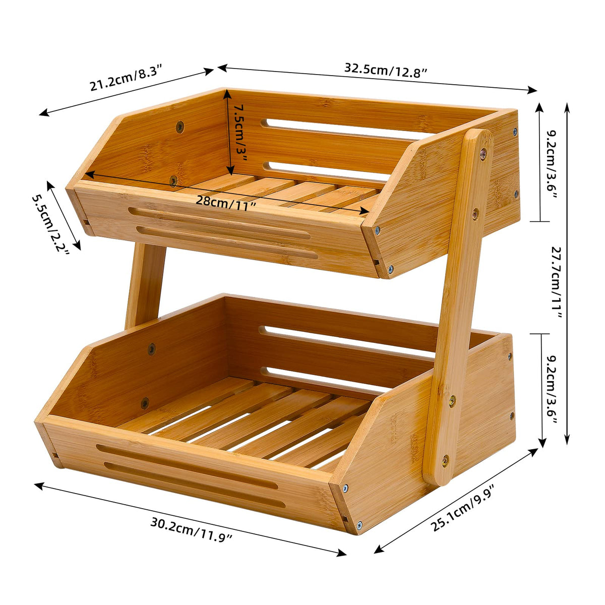 VIKEYHOME 2-Tier Bamboo Fruit Basket - 11" Tall Kitchen Countertop Stand