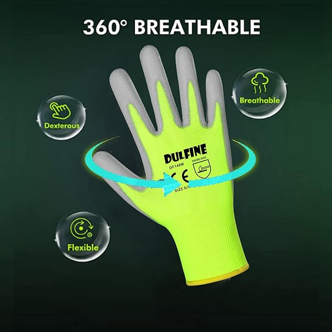 DULFINE Safety Work Gloves for Men PU Coated 12 Pairs Bulk Pack,Hi-Vis Yellow Seamless Knit Glove with thin Polyurethane Coated Smooth Grip on Palm & Fingers, Ideal for General Duty Work (Large)
