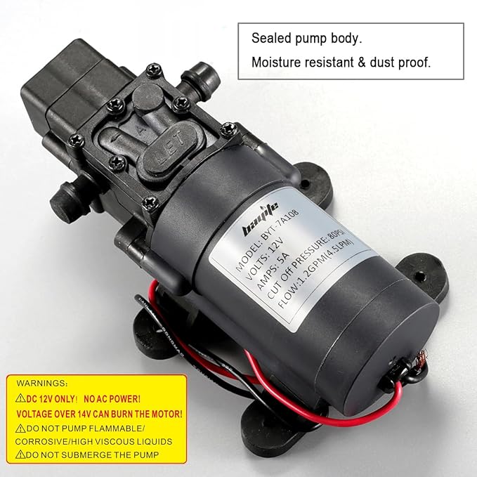bayite 12V DC Water Transfer Pump with 2 Hose Clamps 12 Volt Diaphragm Pump Self Priming Sprayer Pump with Pressure Switch 4.5 L/Min 1.2 GPM 80 PSI for Weed ATV Marine Boat