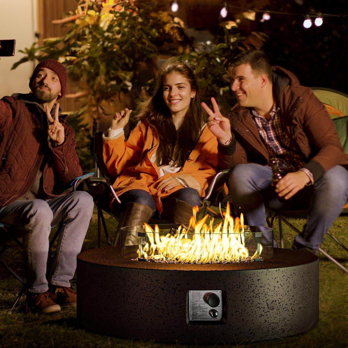 COSIEST 42 inch Outdoor Propane Fire Pit Coffee Table w Concrete Round Base Patio Heater, CSA Certified, 50,000 BTU Stainless Steel Burner, Free Lava Rocks, Rain Cover, Wind Guard, Tank Cover