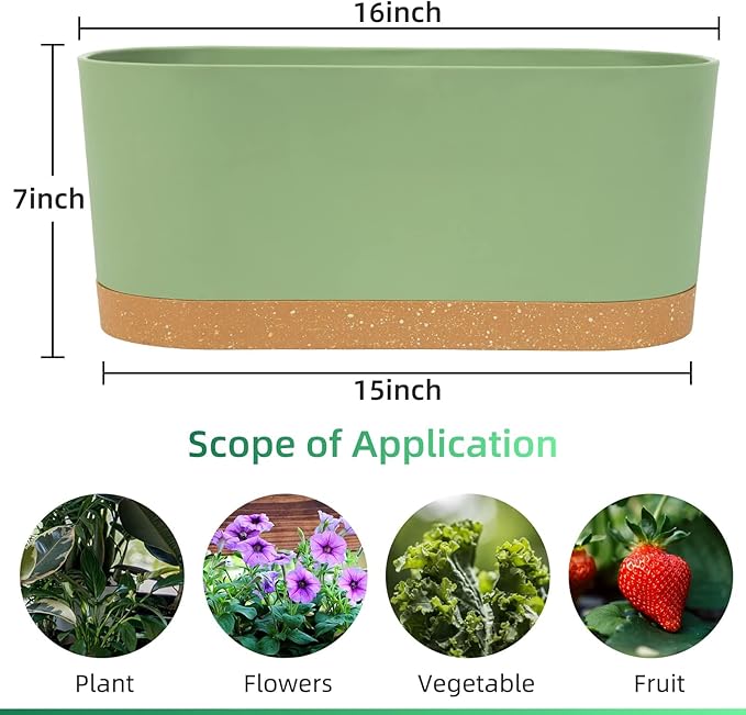 QCQHDU 16" L x 7.6" W x 7" H Window Planter Box, 2 Pack Self Watering Pots for Indoor Plants with Drainage Holes & Saucer, Outdoor Flower Pots Home Garden Modern Decor