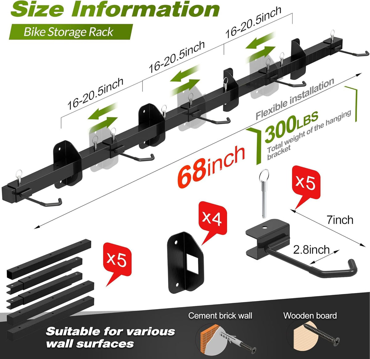Bike Storage Rack, Garage Wall Mount Hanger, Indoor Bicycle Organizer with Adjustable Hooks for Home and Garage, 67-inch Cycle Stand Holds 5 Bikes, Wall Bike Stand Up to 300lbs