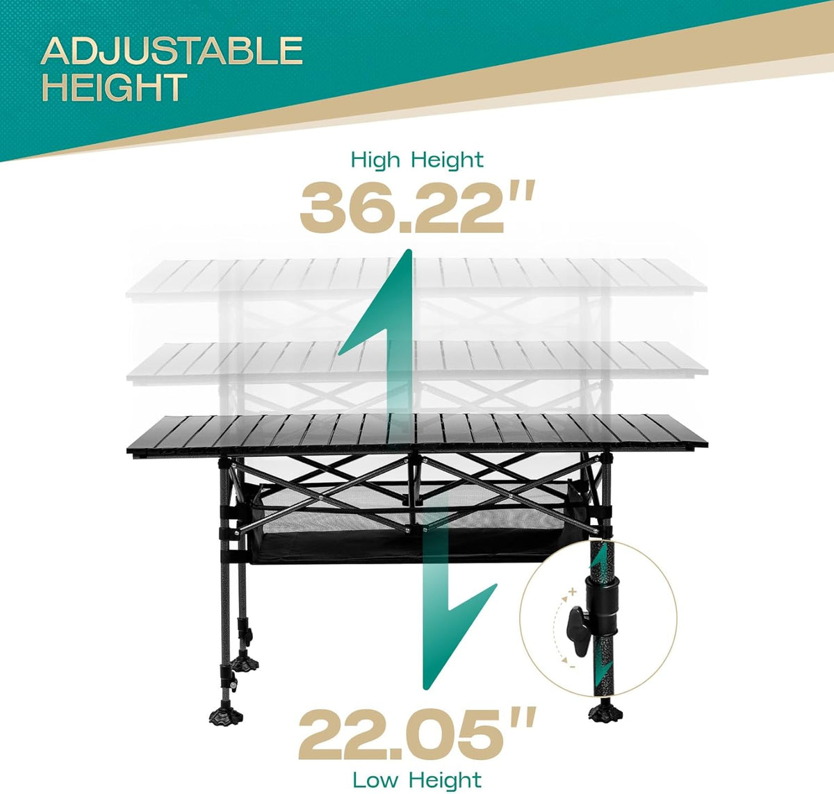 Height Adjustable Camping Table Tall Large Outdoor Folding Camping Table with Wide-Base Anti-Sink Legs & Carry Bag for Camping BBQ Beach Backyard (Black)