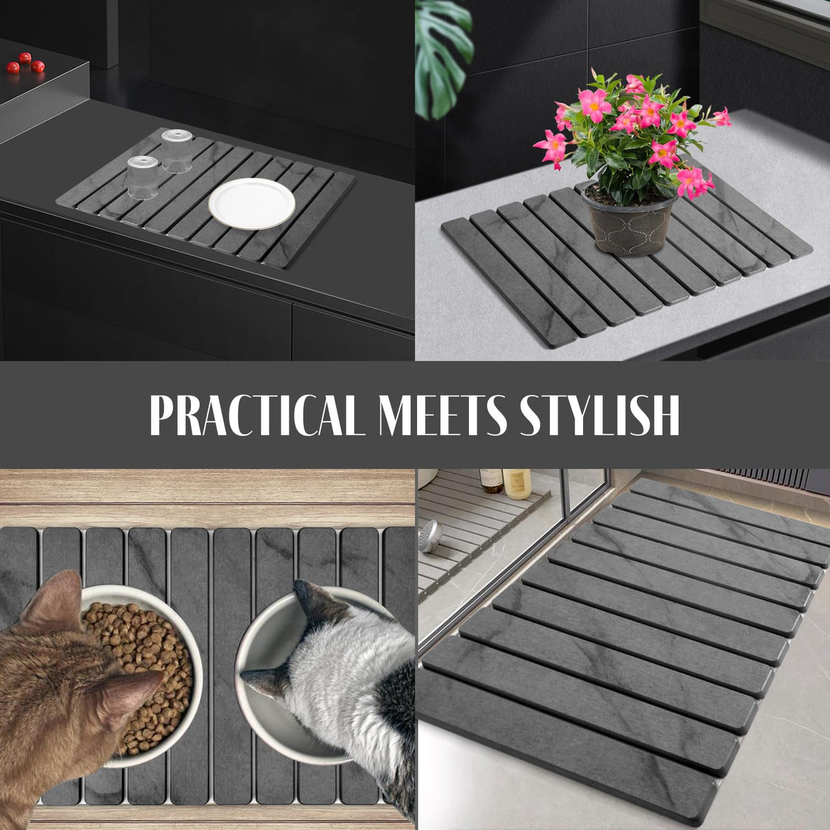 2 PCS Large Stone Dish Drying Mat for Kitchen Counter, 24"×16" Marble-Pattern Dish Drying Mat with 8"x 4" Coasters, Non - Slip Collapsible Absorbent Mat for Multi - Purpose, Match Any Countertop【Gray】
