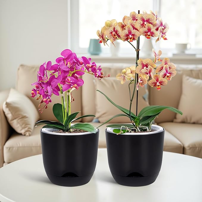 QCQHDU 2 Pack Orchid Pots with Holes for Repotting, Double-Layer and Self Watering Orchid Pot with Good Air Circulation