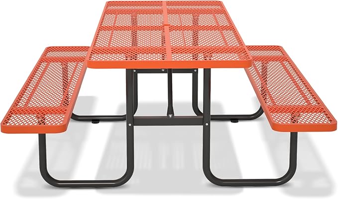 72'' Steel Rectangular Picnic Table for Outdoors, Expanded, Lifetime Picnic Table with Umbrella Hole, Heavy Duty Sturdy Commercial Picnic Tables for Garden Courtyard BBQ, Orange