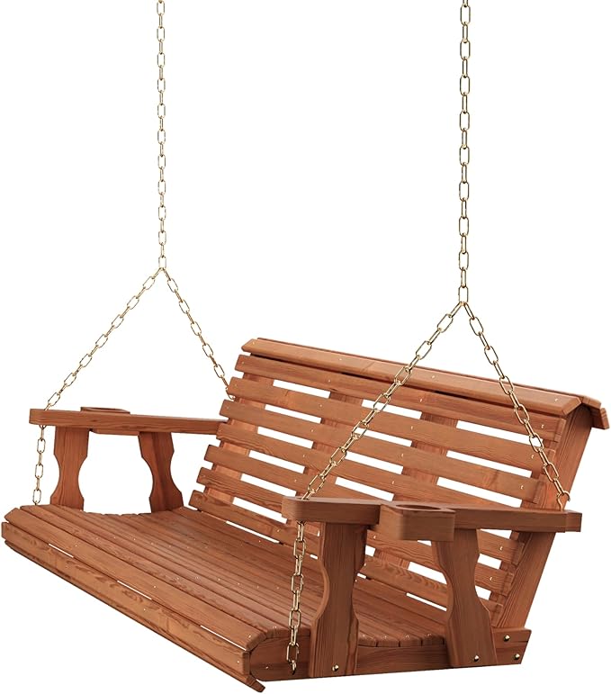 Amish Casual 6 Foot Roll Back Porch Swing with Cup Holders in Cedar Stain - Amish Made in The USA from Treated Pine Heavy Duty 700 Lb. Weight Capacity