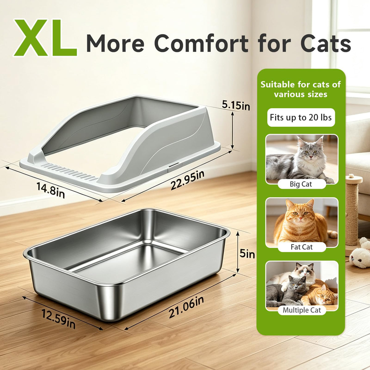 Stainless Steel Cat Litter Box, Extra Large XL Odor Free Metal Litter Box with High Sides Lid, Open Top Litter Pan Include Scoop Easy Cleaning Kitty Cat Box Anti-Urine Leakage, Non-Sticky
