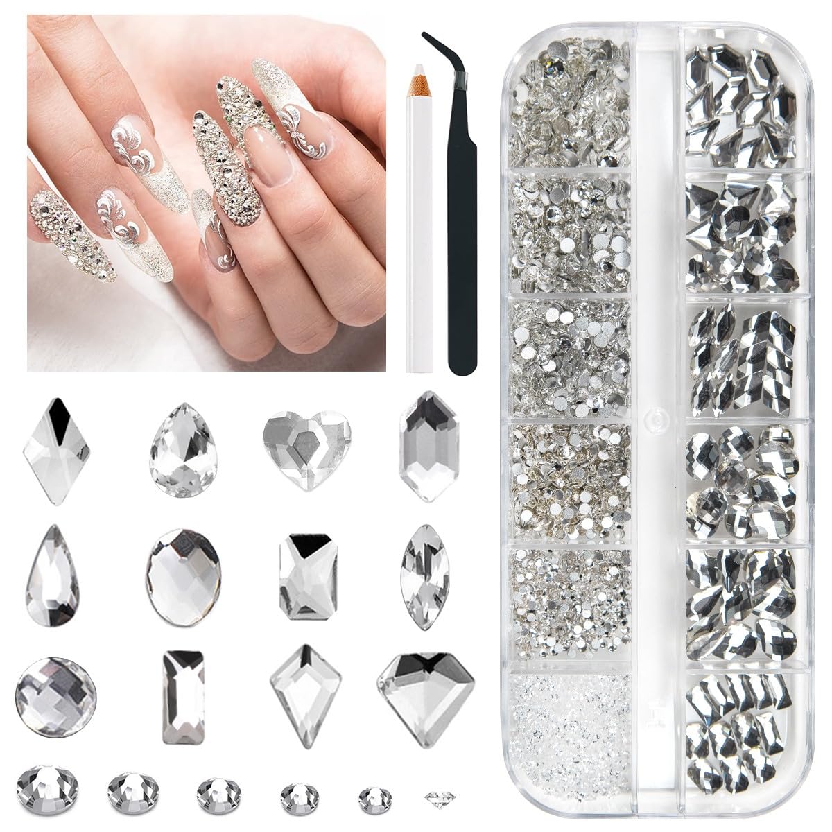 Qiipii 2052 Crystal White Nail Art Rhinestones Crystal Clear Nail Charms 72 Multi Shapes Crystal Flatback Rhinestones Big Gems +