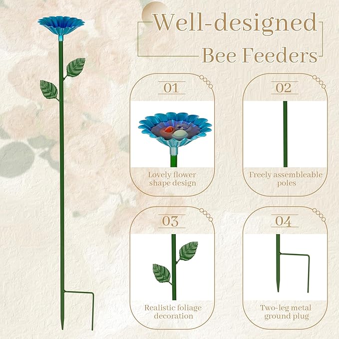 4 Pack Bee Watering Station, Bee Bath for Garden Metal Bee Water Feeder with Flower Design, Colorful Butterfly Bee Bath Bowl for Outdoor Garden Yard Decor (Red,Green,Blue,Yellow)