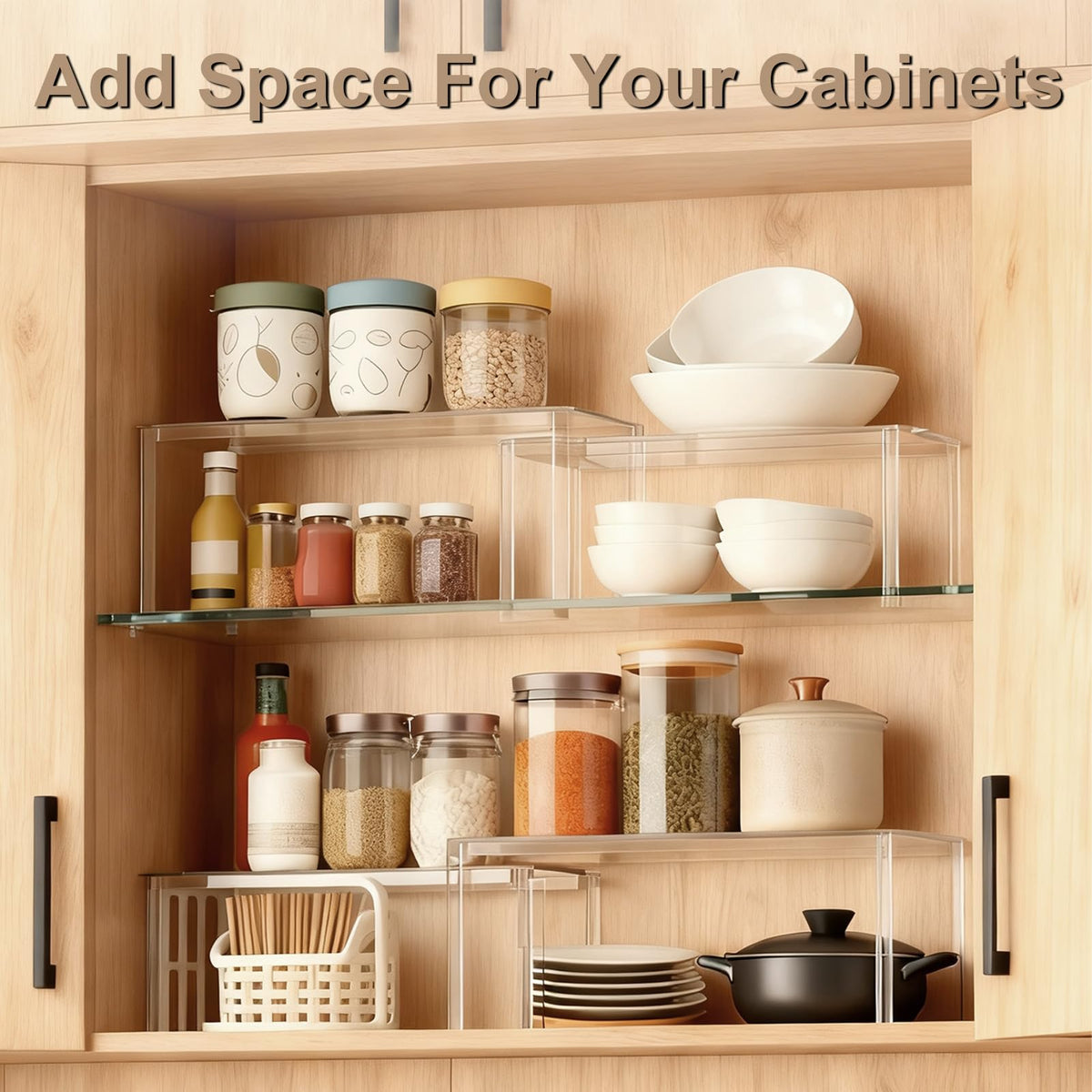 Clear Kitchen Cabinet Organizer, Set of 4 Acrylic Shelves, Spice Rack for Pantry Organizers and Storage, Tiered Spice Organization for Cabinet, Stackable Cabinet Organizer Shelf for Desk Countertop