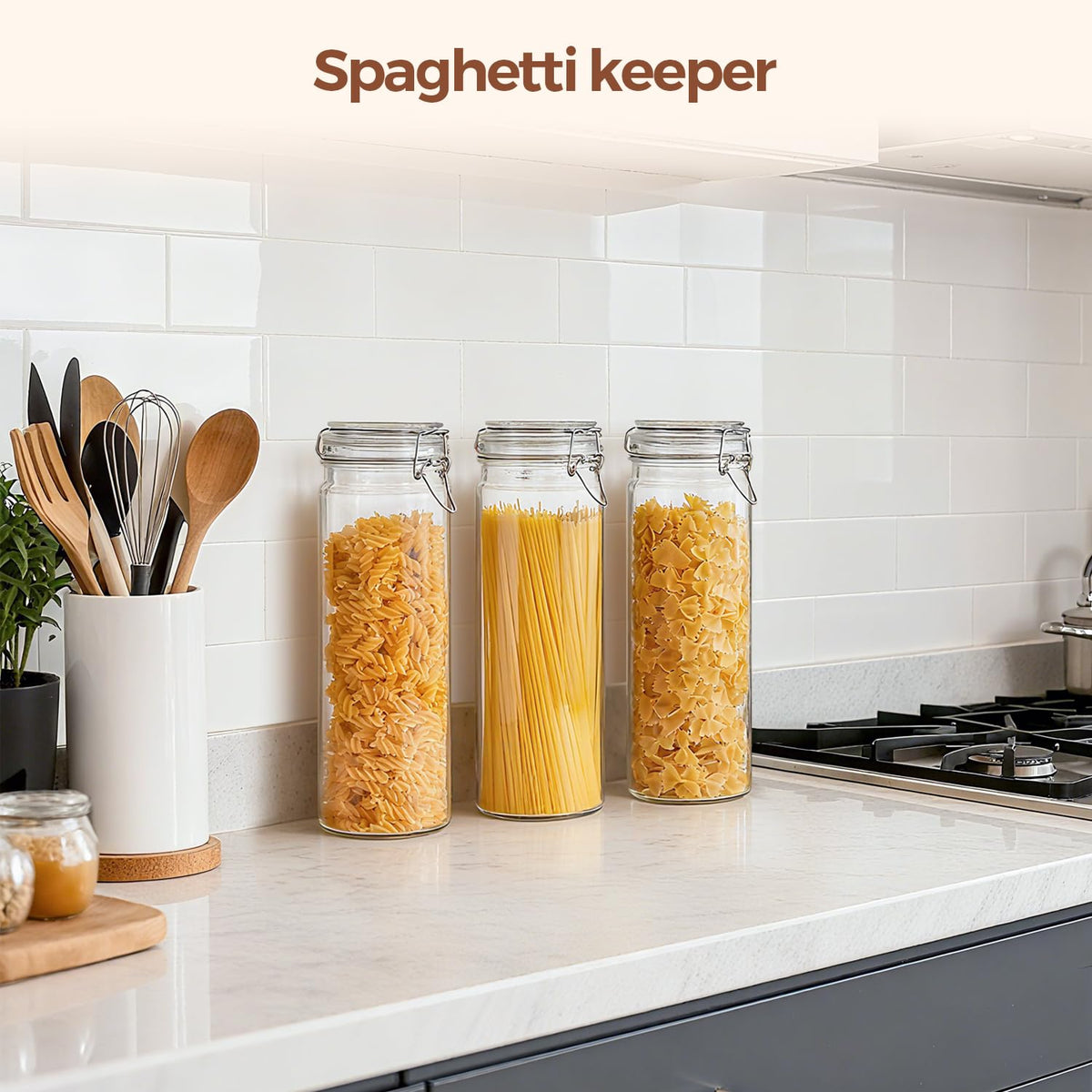 ComSaf Tall Glass Pasta Containers with Airtight Lids 68 oz 3 Pack Canister