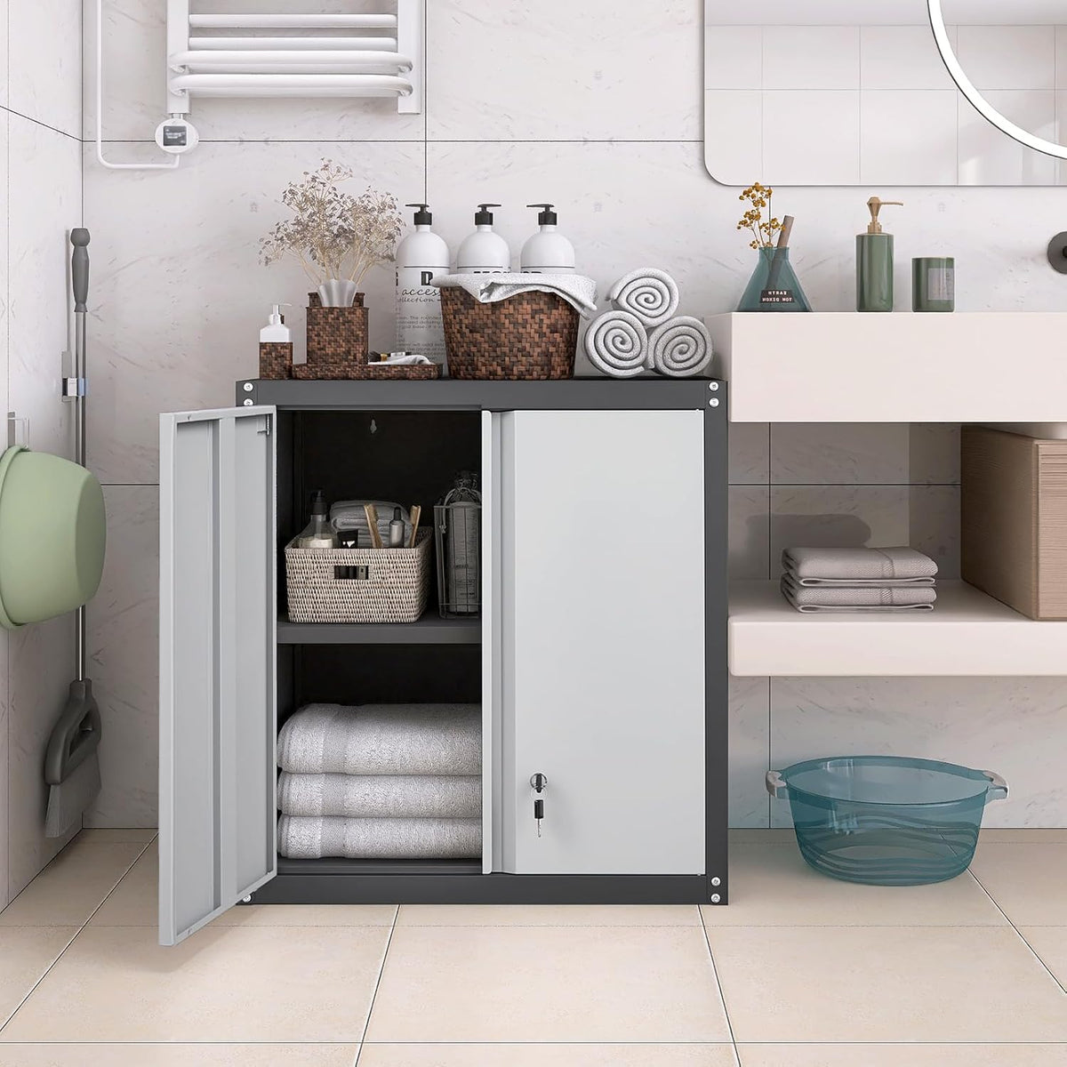 LUCYPAL Garage Wall Cabinet,Metal Wall Storage Cabinet with Adjustable Shelf and Locking Doors,Floating Utility Cabinets for Warehouse/Basement/Kitchen (Black&Grey,27.95" H)