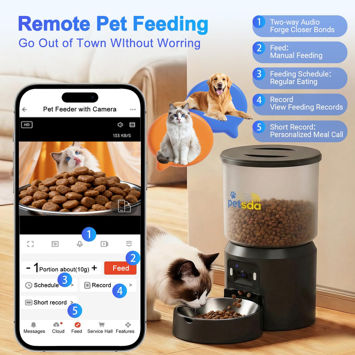 PETSDA Automatic Cat Feeder with 2K Camera 5G WiFi 4L Timed Dry Food Dispenser APP Control, 15 Meals Programmable 1-20 Portion Per Day Dual Power Supply with Stainless Bowl for Multiple Pet Easy Clean