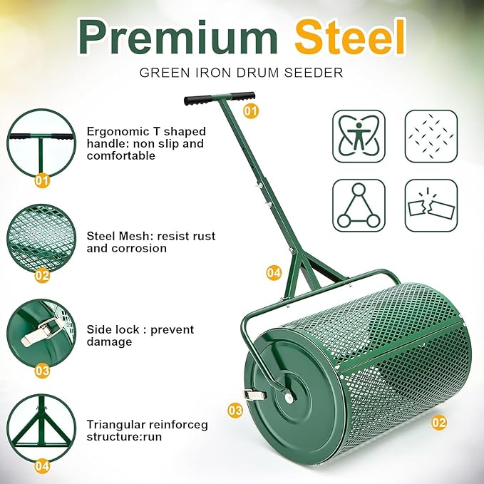 Compost Spreader, Durable Lawn Roller, Manure Spreader with Upgrade T Shaped Handle,Top Soil Spreader for Lawn and Garden Care Manure Spreaders Roller (12.5 Inch-T-Green-S)
