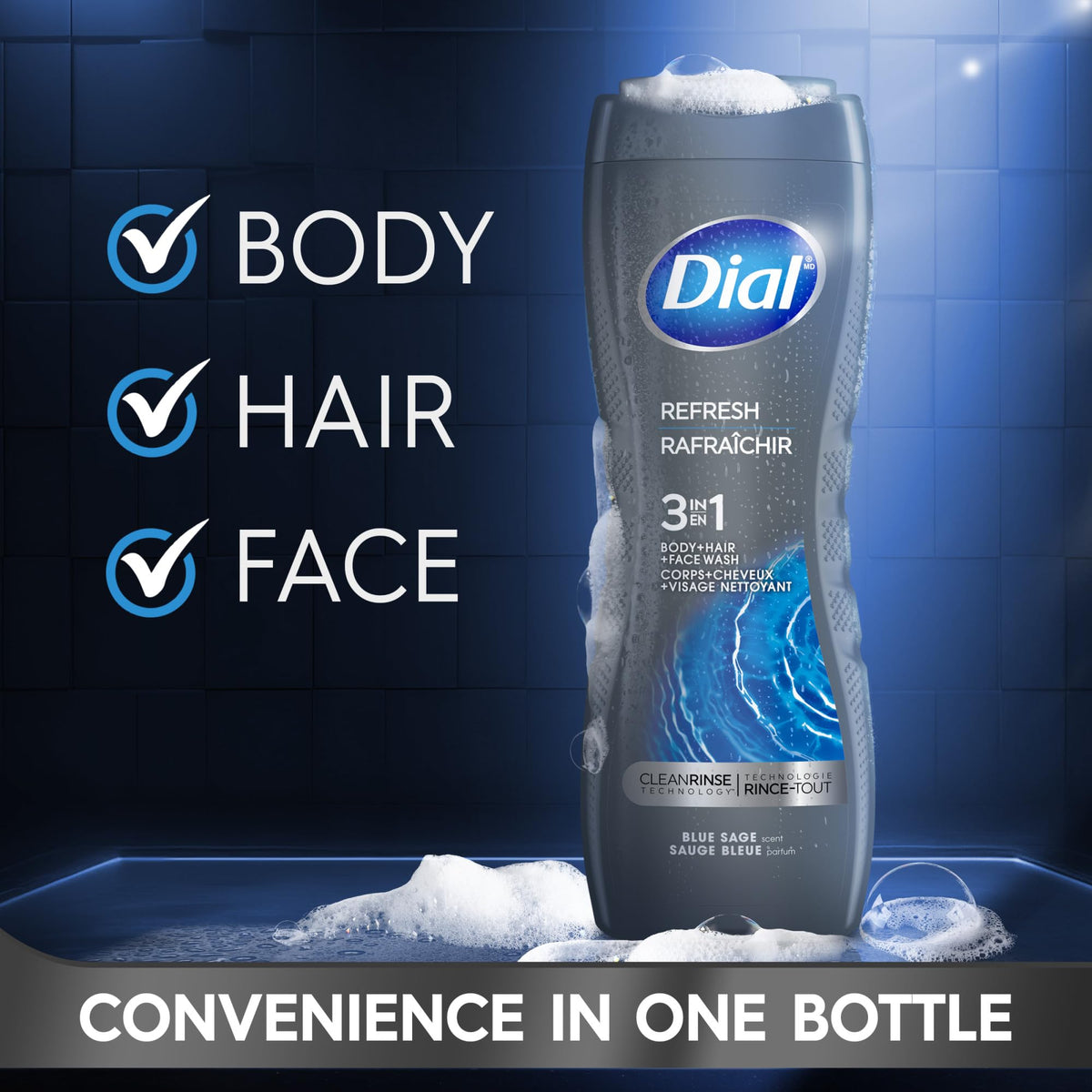 Dial Men 3 in 1 Body, Hair and Face Wash, Refresh, 16 fl oz, 4 count
