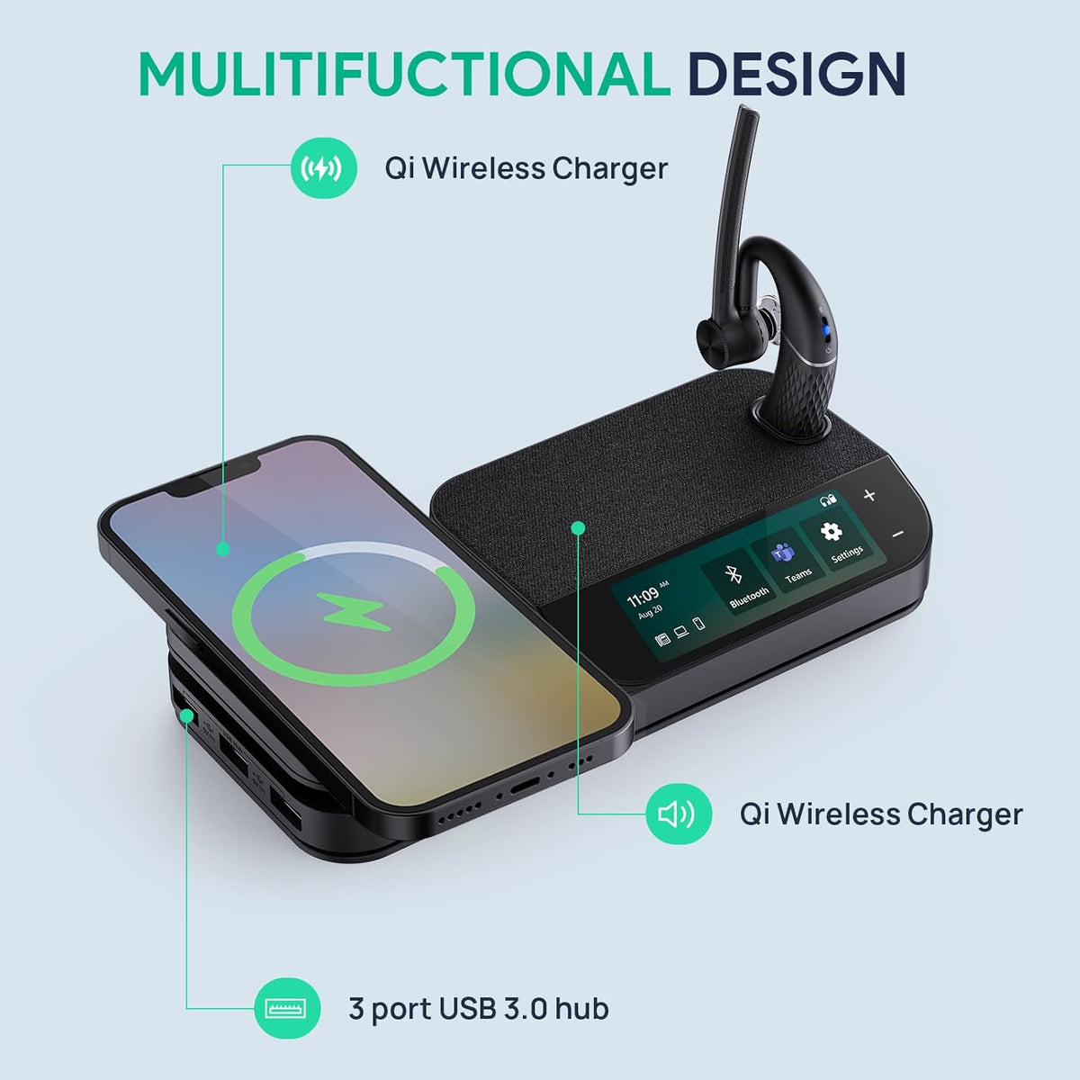 Yealink Bluetooth Headset Workstation, Office Wireless Headset with Mic, Speakerphone, Wireless Charging Pad, Charging Case, USB-C/A Dongle,Connect to Desk Phone, PC, Work with Teams Zoom