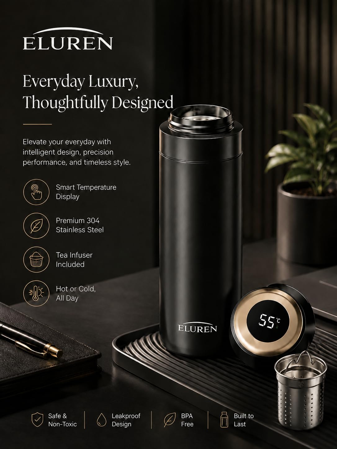ELUREN Vacuum Insulated Stainless Steel Thermal Smart Water/Coffee/Tea Tumbler & Flask with Tea Infuser, LED Temperature Display, One-Click Opening, Leak-Proof, Keeps Drinks Hot or Cold for Hrs, Black
