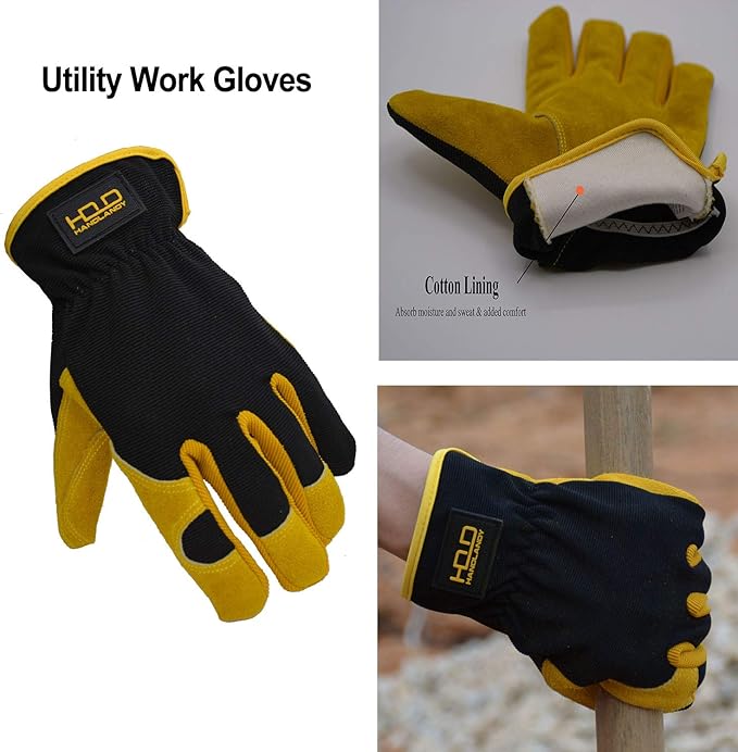 HANDLANDY Leather Work Gloves for Men & Women, Reinforced Durable Garden Gloves, Cowhide Working Glove for Gardening
