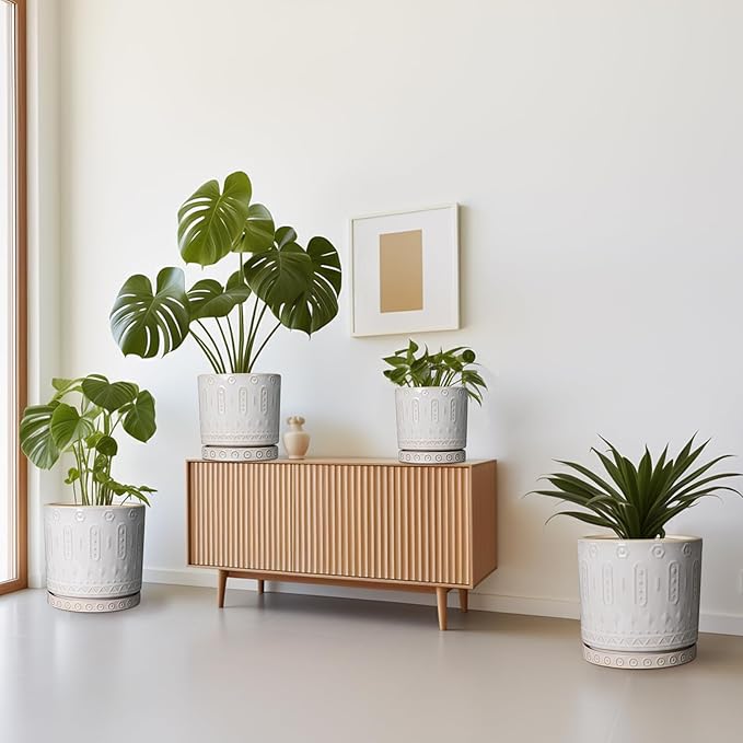 Ceramic Planter Pot - 10 Inch Plant Pot for Indoor Outdoor Plants Round Large Flower Pot with Drainage Holes and Saucer for Home Garden Patio Decor White