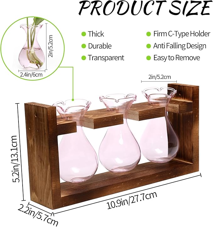 Plant Propagation Station Plant Terrarium Unique Birthday Gifts for Women Plant Lovers Home Office Decor Planter with Wooden Stand - 3 Bulb Glass Vase