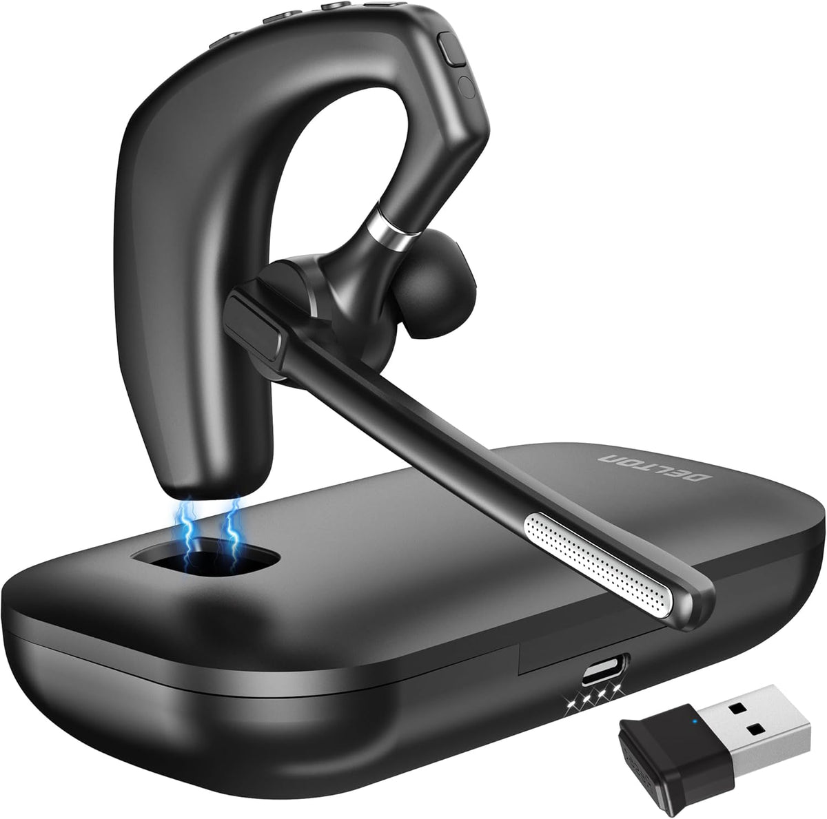 Delton Wireless Headset for Computer with Charging Case, Bluetooth Headset with Noise-Cancelling Mic, Specially Designed for MS Team, Zoom, Google Meet, Driving, and Office - Black