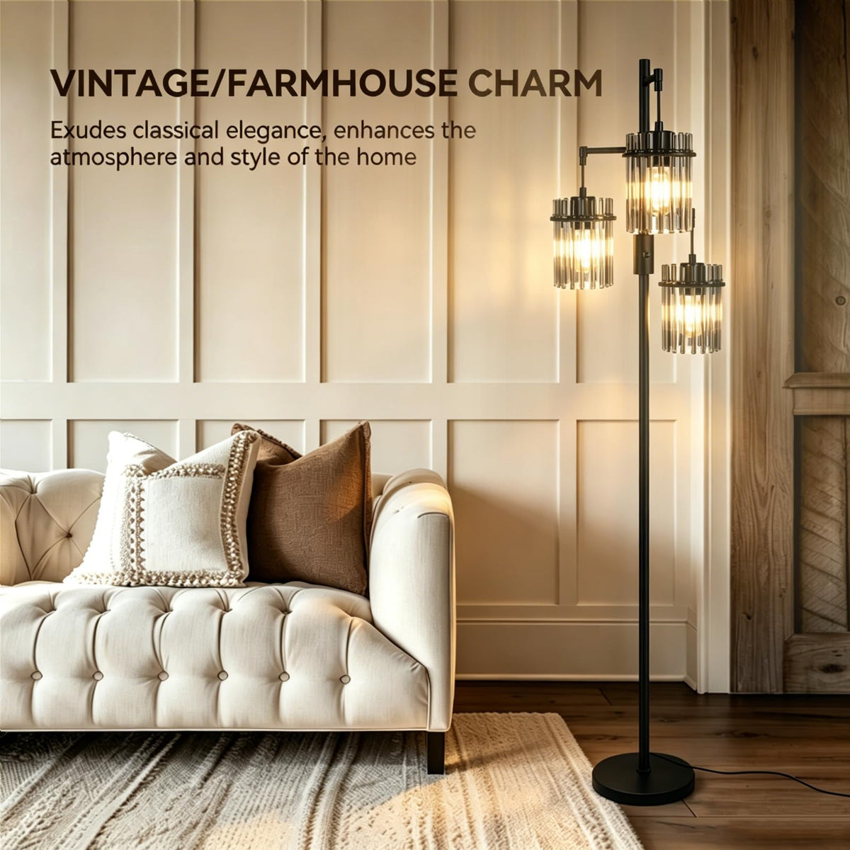 Dimmable Black Crystal Standing Farmhouse Tree Floor Lamp for Living Room