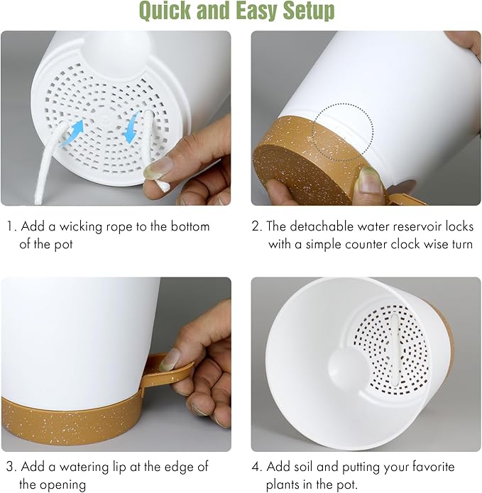 4 inch Self Watering Pots for Indoor Outdoor Plants, 6 Pack Plastic Flower Planters with Drainage Holes and Removable Saucers, Plant Pots with Wicking Rope, Modern Decor, White Brown