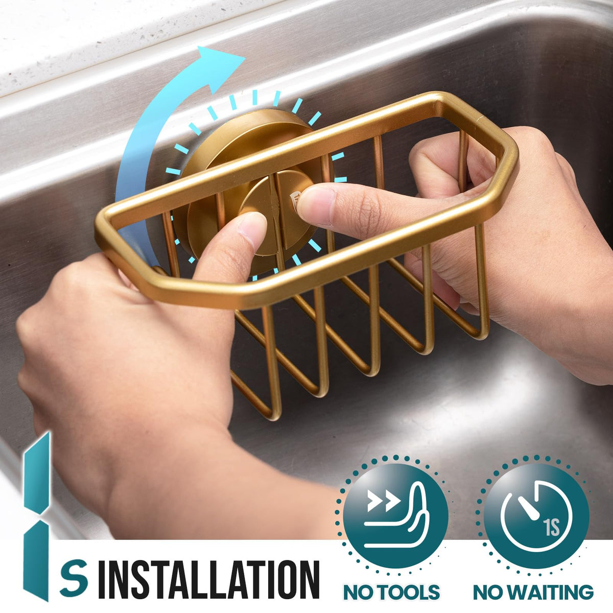 TAILI Sponge Holder for Kitchen Sink with Suction Cup-Gold, Aluminum