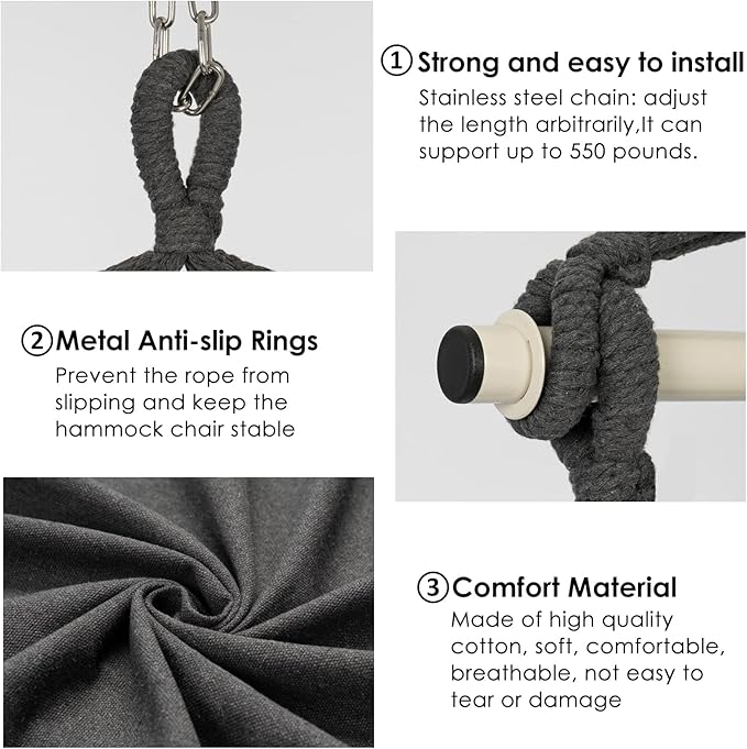 Y- STOP Hammock Chair Hanging Rope Swing, Max 500 Lbs, 2 Cushions Included, Large Macrame Hanging Chair with Pocket, Cotton Weave for Superior Comfort, Durability (Dark Grey)