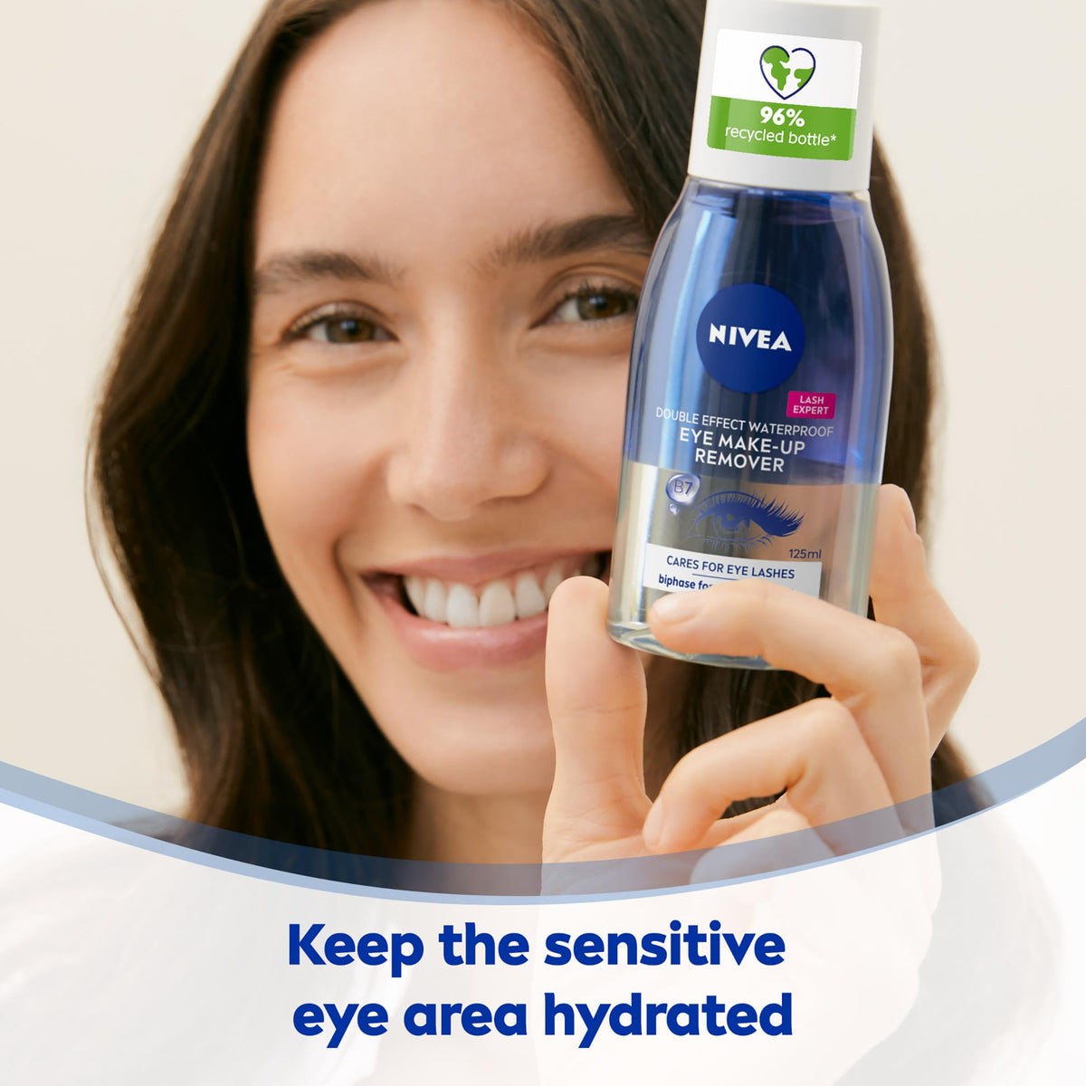 Double Effect Waterproof Eye Make-Up Remover (125 ml), Daily Use Face Cleanser for Make-Up and Mascara with Cornflower Extract and Biotin