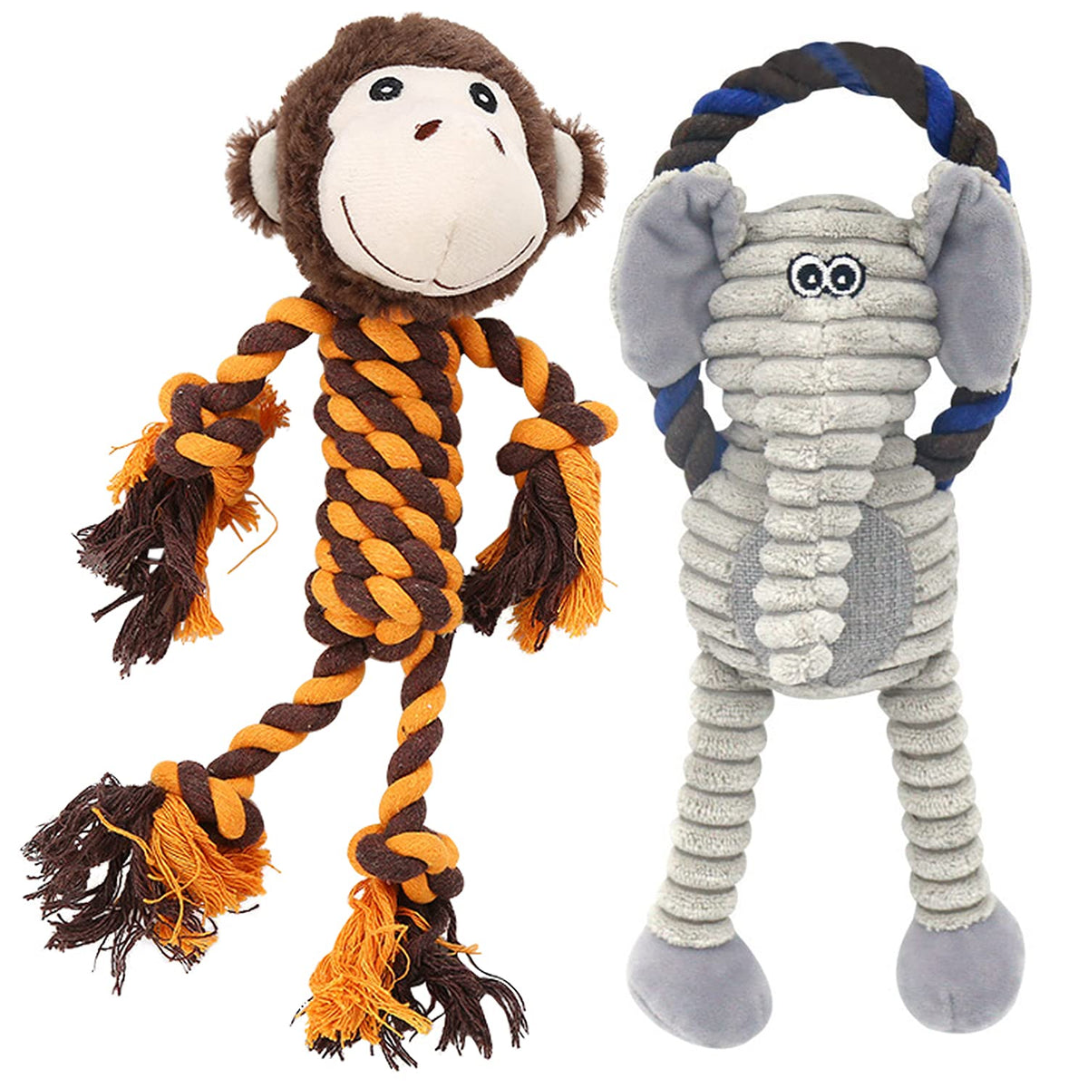 HUGEME Monkey Rope Dog Toy, Plush Elephant Squeaky Dog Toy, 2 Pack