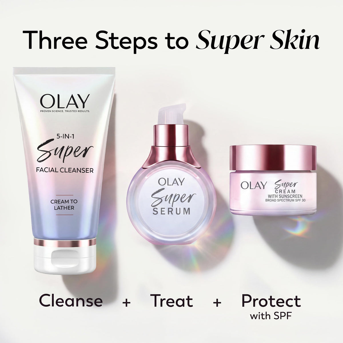 Olay 5-in-1 Holiday Mini Gift Pack - Super Serum Trial 0.4 fl oz, Super Facial Cleanser 4.5 fl oz, Super Cream with Sunscreen SPF 0.5 oz - Brightening, Hydrating, Anti-Aging Skincare Set