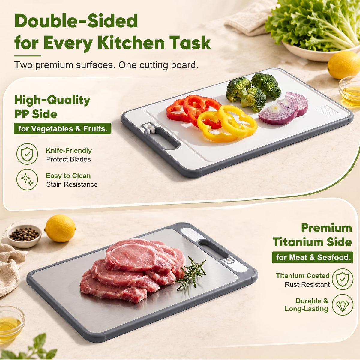 Titanium Cutting Board for Kitchen, Double-Sided Cutting Board with Pure Titanium Side & Food-Grade PP Side, Knife Sharpener, Juice Groove, Dishwasher Safe, 15" × 10.4"