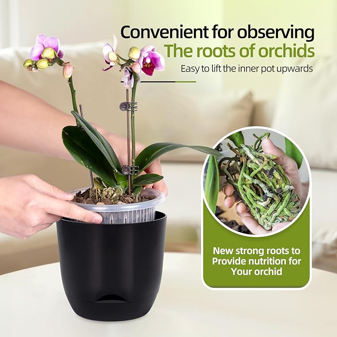 QCQHDU 2 Pack Orchid Pots with Holes for Repotting, Double-Layer and Self Watering Orchid Pot with Good Air Circulation